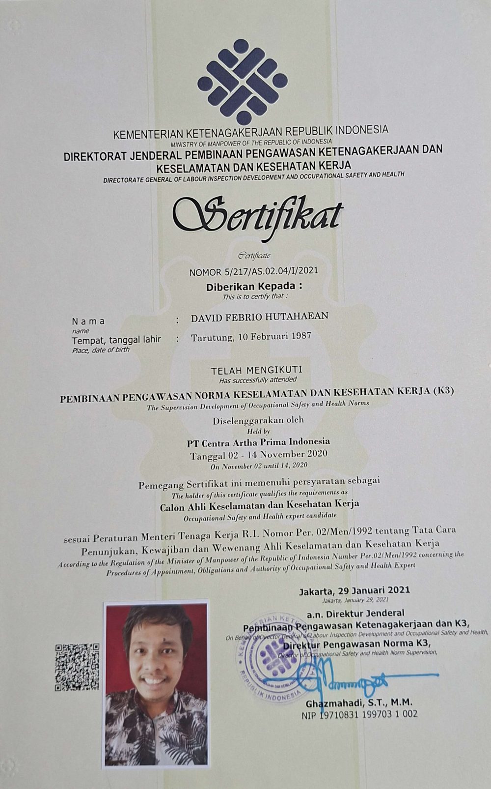 Sertifikat Pembinaan Pengawasan Norma Keselamatan dan Kesehatan Kerja K3 Umum